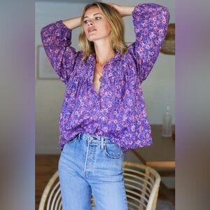 EMERSON FRY India Collection Violet Wildflower Organic Emmaline Blouse SzS NWOT